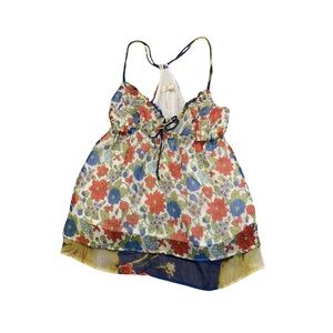 Hollister Spaghetti Strap Floral Flower Top V-Neck Bow Ruffle Red Blue Halter